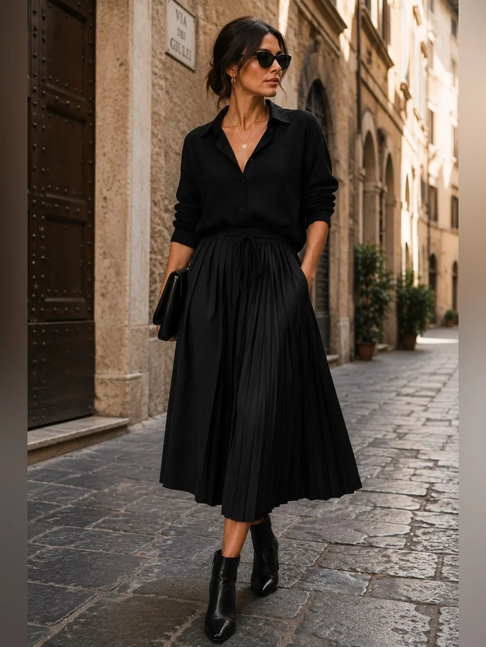 MEIMEIJ Asymmetrical Pleated Midi Skirt US 8 Black Made in Italy IT 44